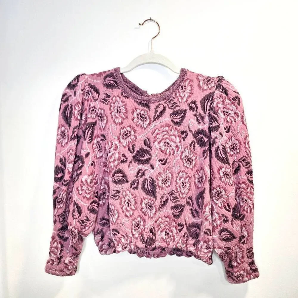 Free People Top Women's Small Pink Floral Puff Sleeve 100% Cotton Cropped Sweate